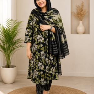 elegant floral print cotton blend kurta set with dupatta