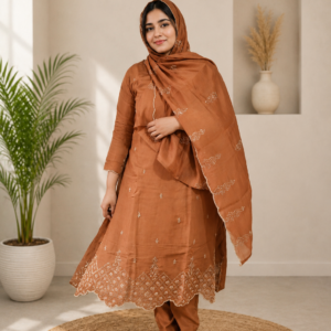 elegant rust embroidered kurta set with dupatta