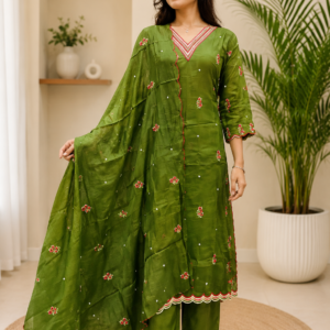 olive green floral embroidered kurta set with dupatta