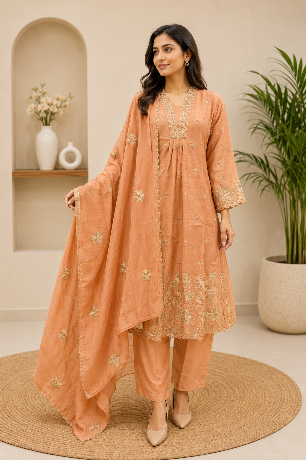 peach gold embroidered kurta set with dupatta